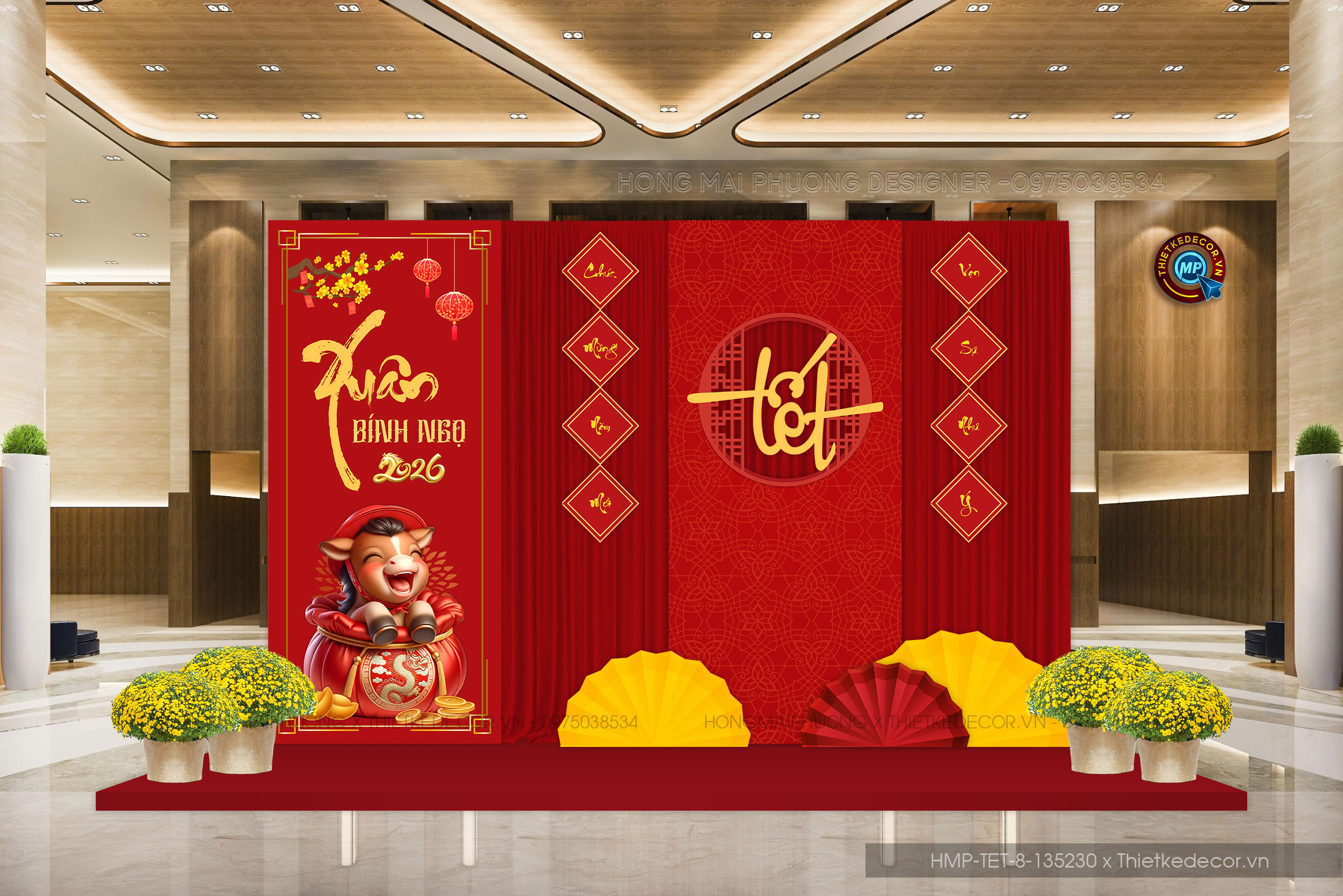 File thiết kế trang trí Tết 2026 Xuân Bính Ngọ. Backdrop checkin Tết.